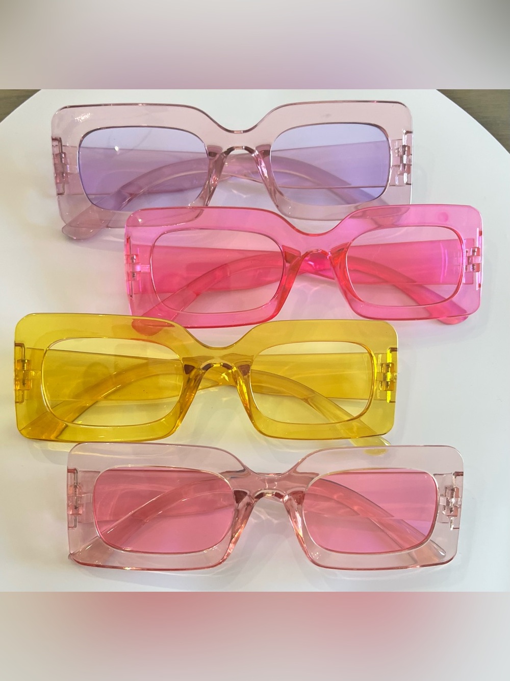 Set of 4 Retro Rectangular Tinted Sunglasses – Pink, Yellow, Purple, Rose